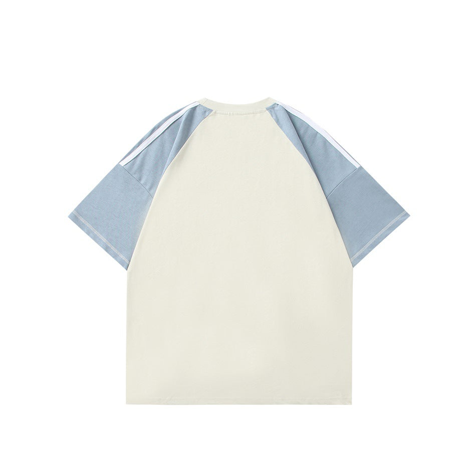 Back view of an ivory raglan T-shirt with pale blue short sleeves and narrow white shoulder stripes.