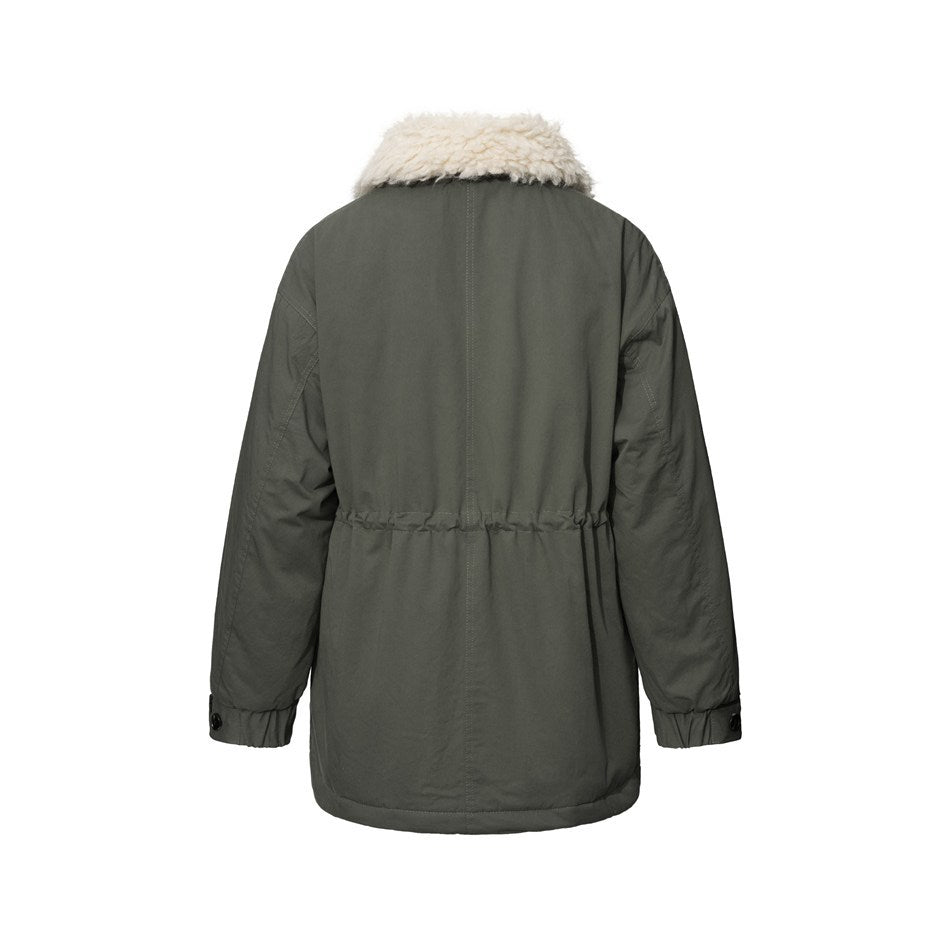 Back view of olive green jacket with cream fleece-like collar, gathered drawstring waist and button cuffs