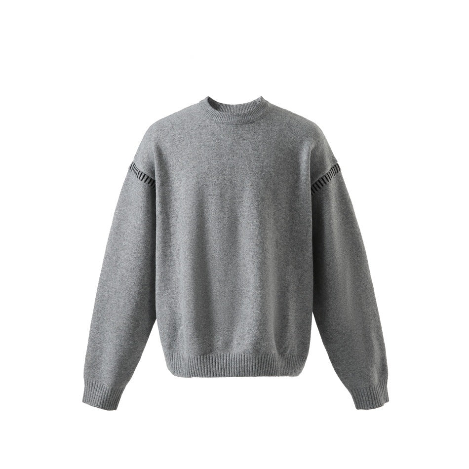 Heathered gray knit crewneck sweater, front view, with black contrast stitching on the upper sleeves
