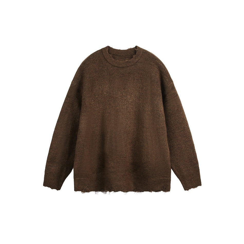 Coffee brown fuzzy knit crew-neck sweater with distressed frayed hem, flat front view