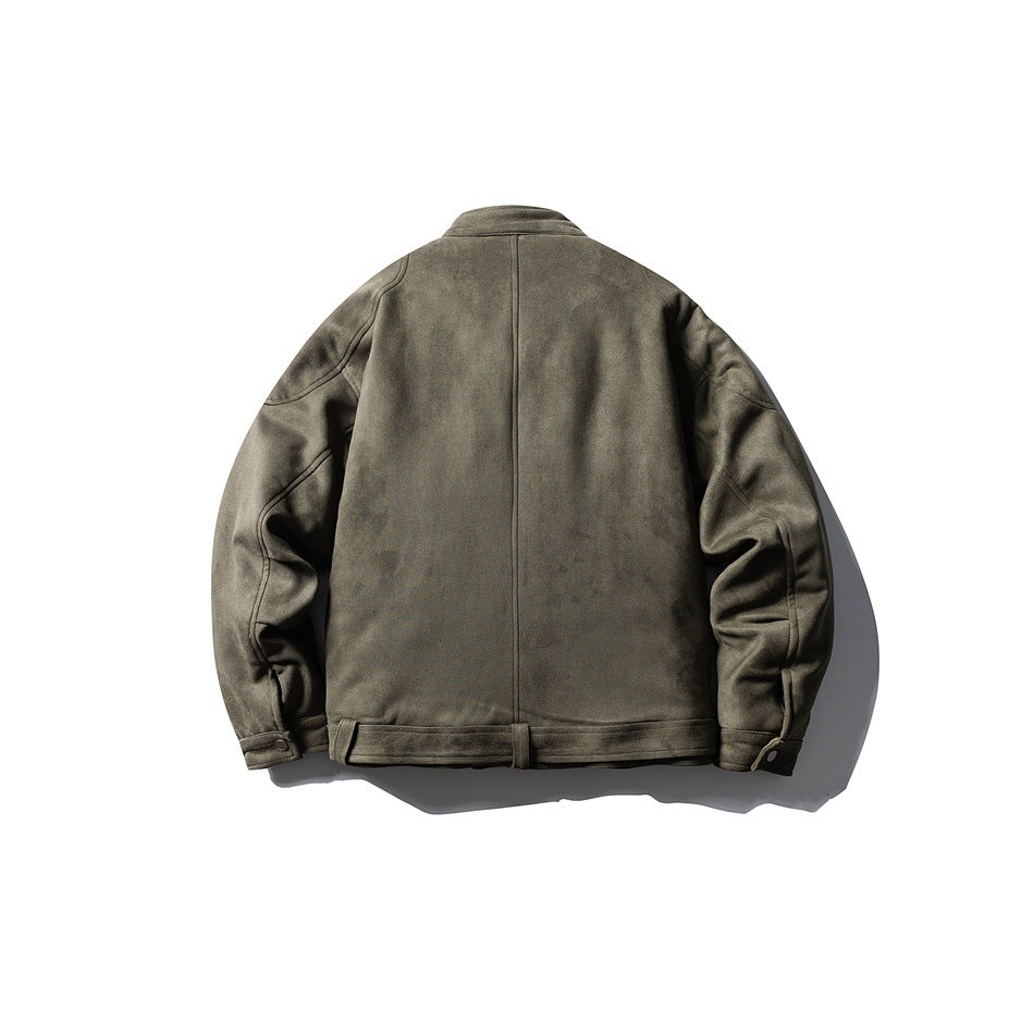Back view of a taupe-brown jacket laid flat, with a center seam, shaped sleeves, and buttoned cuffs.