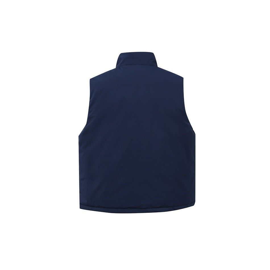 Back view of navy blue padded stand-collar vest with a plain back panel