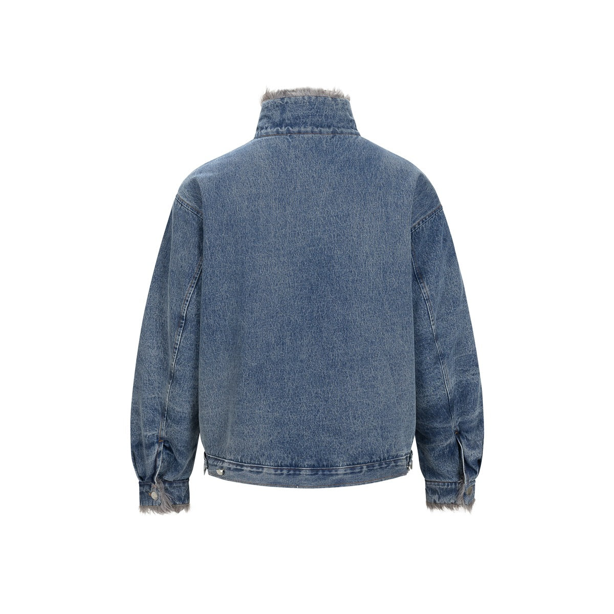 Back view of a blue denim jacket with long sleeves, a stand collar, and gray faux-fur trim at the collar and cuffs.