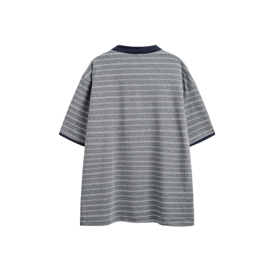 Back view of a gray short-sleeve tee with thin horizontal stripes and a navy collar and sleeve trim.