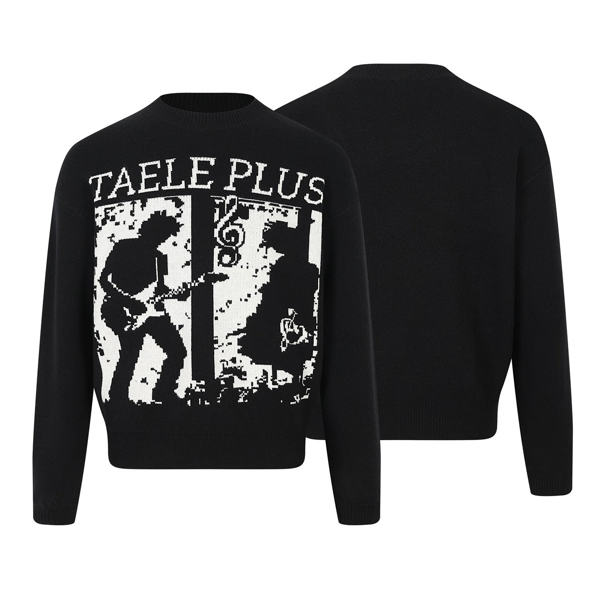 Black crewneck sweater shown front and back; the front has a large white graphic and text.