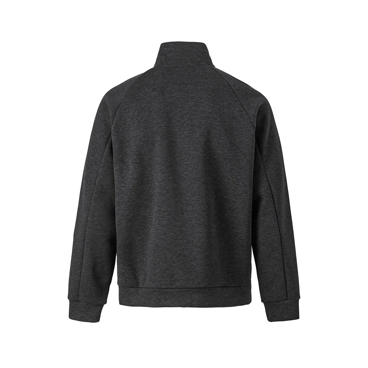 Back view of a charcoal gray pullover with a stand collar, raglan sleeves, and ribbed cuffs and hem.