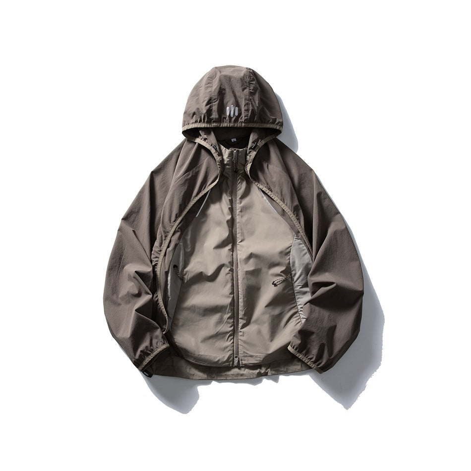Taupe-brown hooded zip jacket flat lay with layered sleeves, light contrast panels and hem drawcords