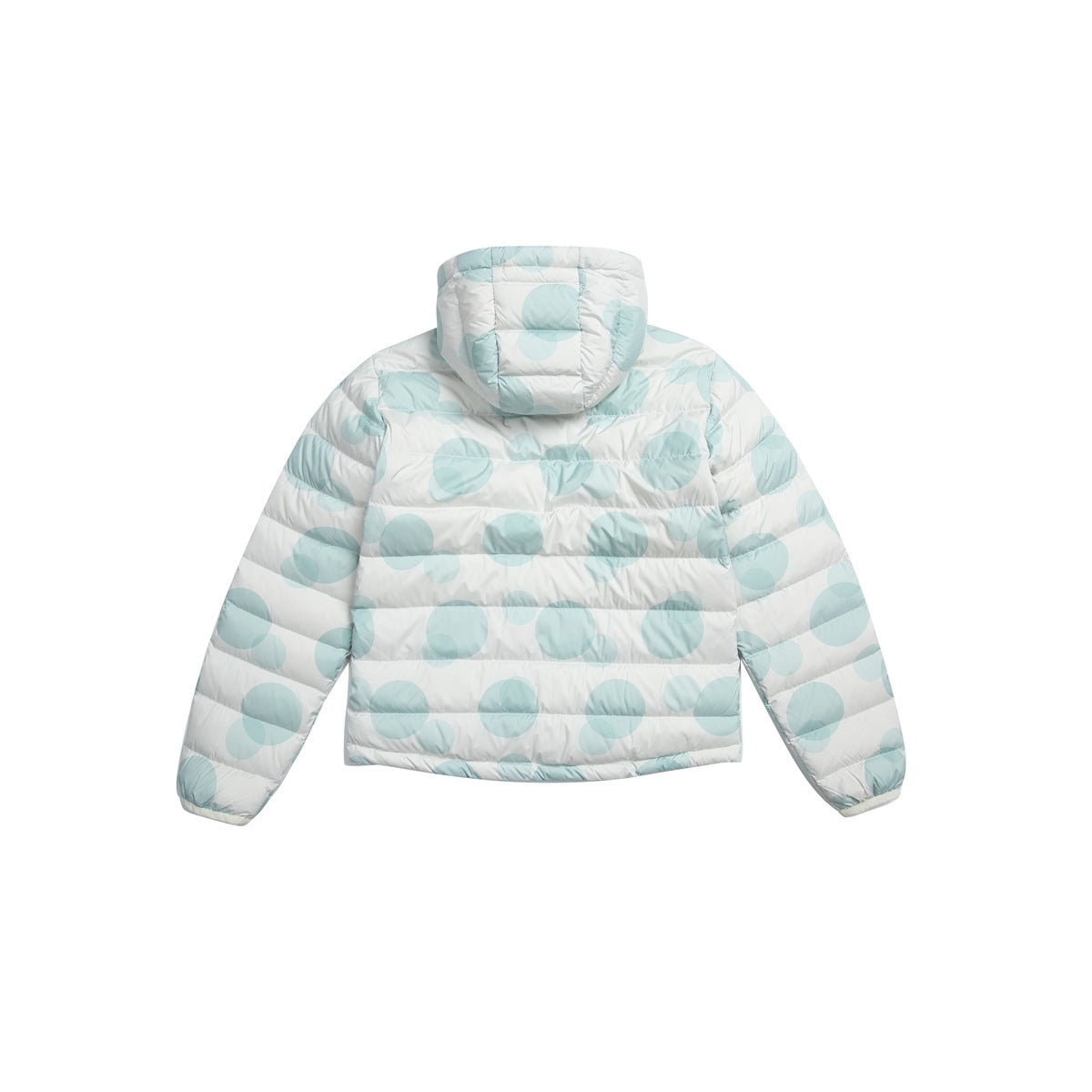 Rear view of a white quilted hooded jacket with a pale aqua circle print and horizontal baffles.