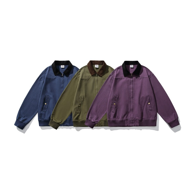 Three zip jackets displayed together in blue, olive, and purple, each with a contrasting collar.