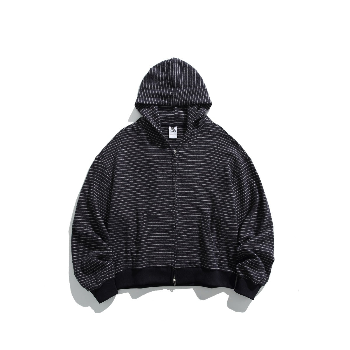 Navy zip-up hoodie with fine light horizontal stripes, front pocket and ribbed cuffs, laid flat