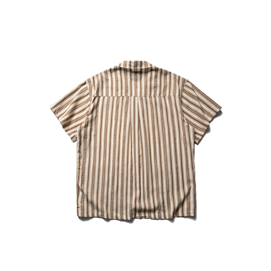 Back view of a short-sleeve collared shirt with vertical cream, tan, and brown stripes.