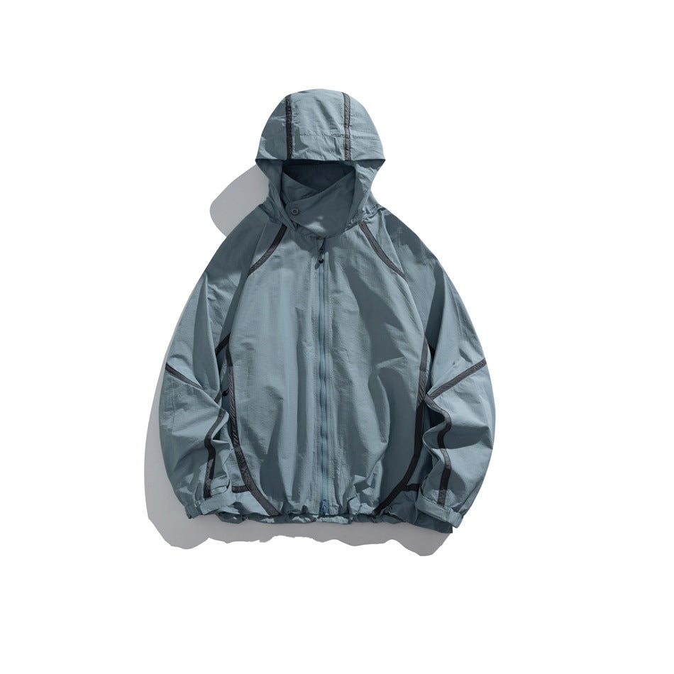 Blue-gray hooded zip jacket with dark gray contrast piping, flat lay front view