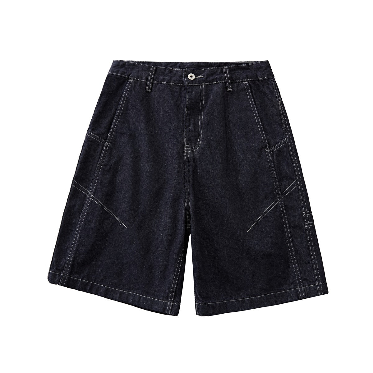 Dark blue denim knee-length shorts, front view, with contrast stitching, fly button and angled front pockets