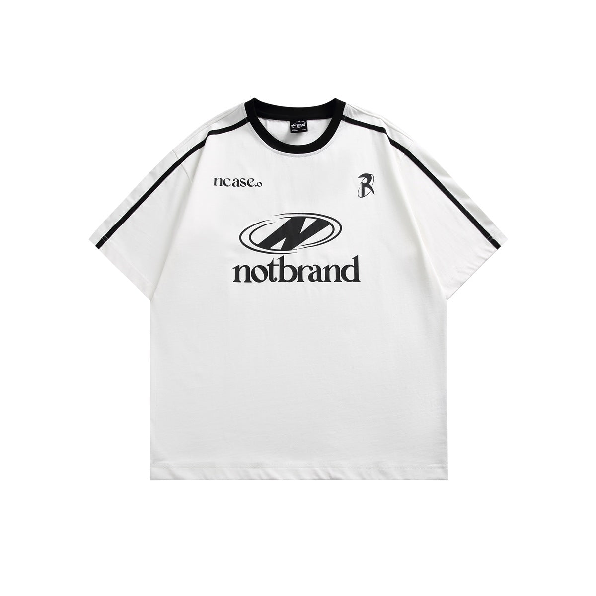 White short-sleeve crew-neck T-shirt with black collar, black shoulder stripes and oval logo print, flat front view