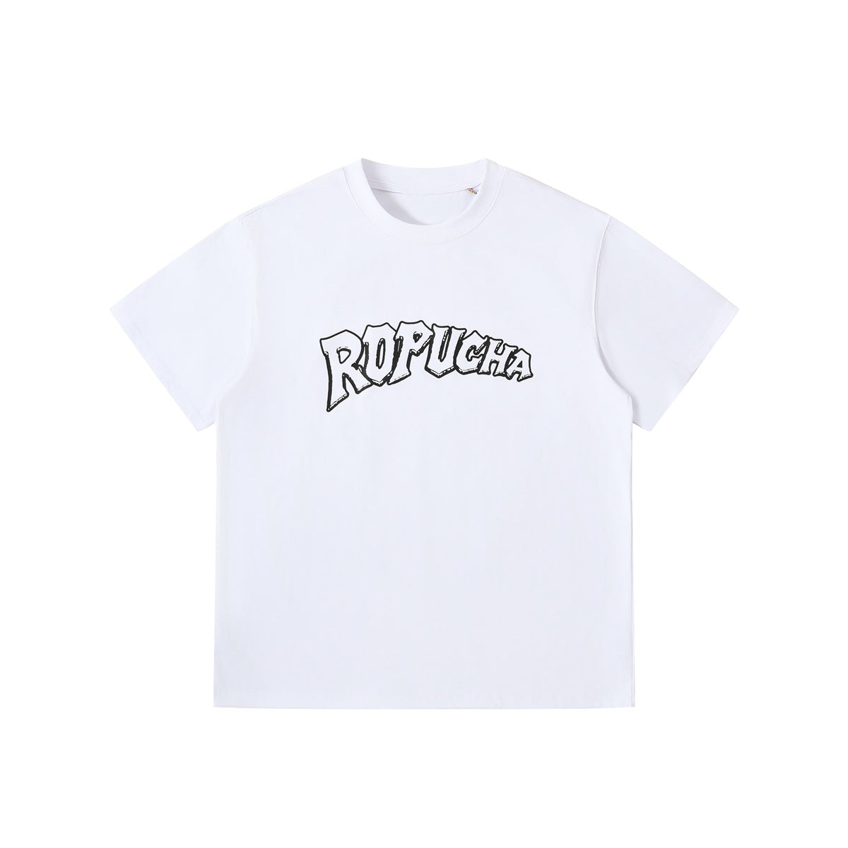 White short-sleeve crew-neck T-shirt with black-outlined arched ROPUCHA graphic on the chest, flat front view