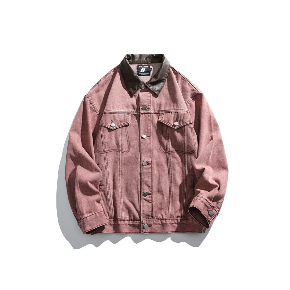 Red washed denim jacket with brown contrast collar, chest flap pockets and button front, flat lay