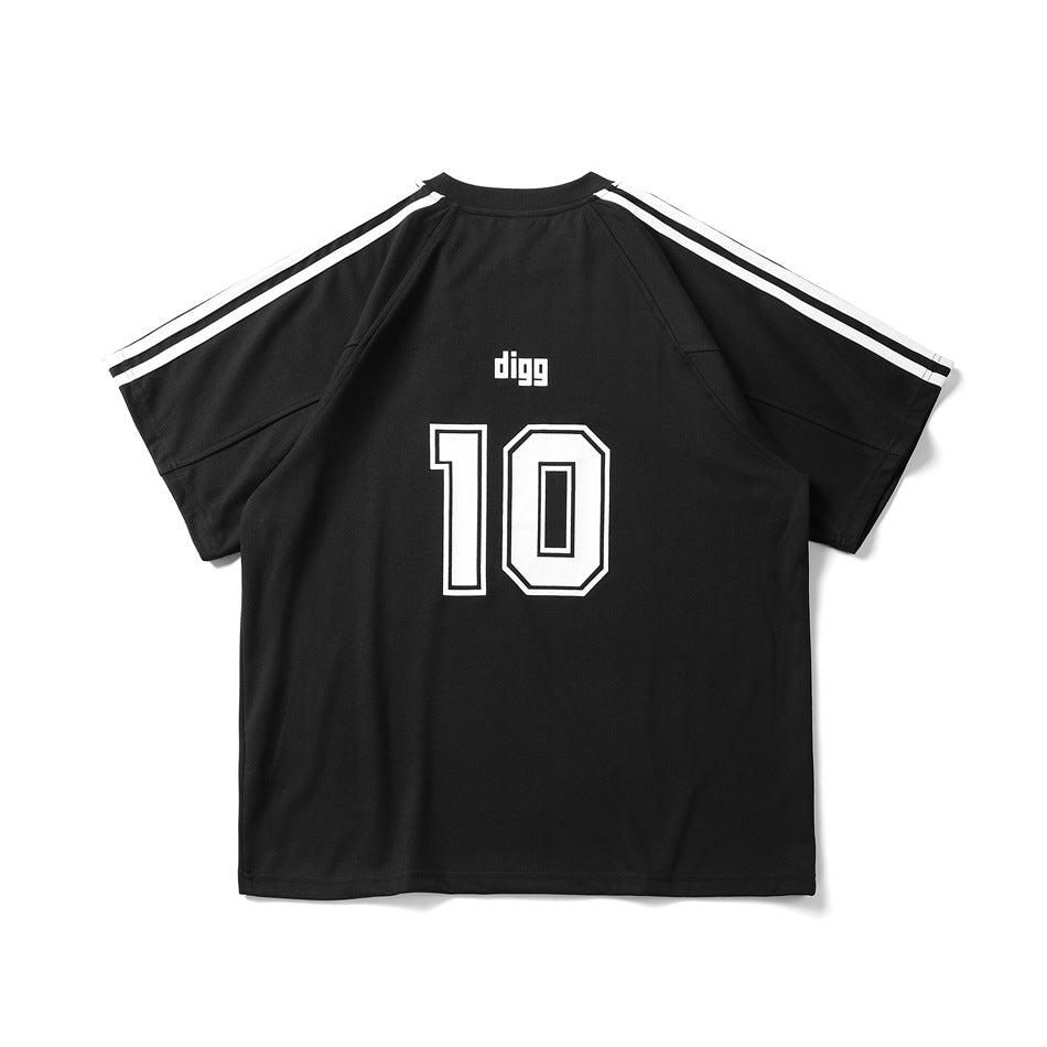 Black short-sleeve T-shirt back view with white shoulder stripes, 'digg' text and large number 10 print