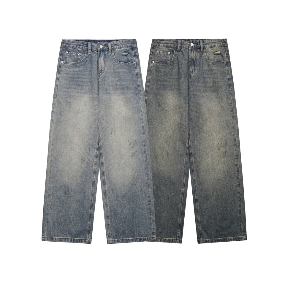 Two pairs of wide-leg jeans shown from the front in different faded blue washes.