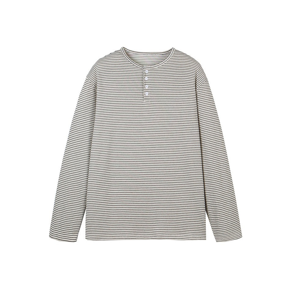 Beige striped long-sleeve henley top with four white buttons, flat lay front view