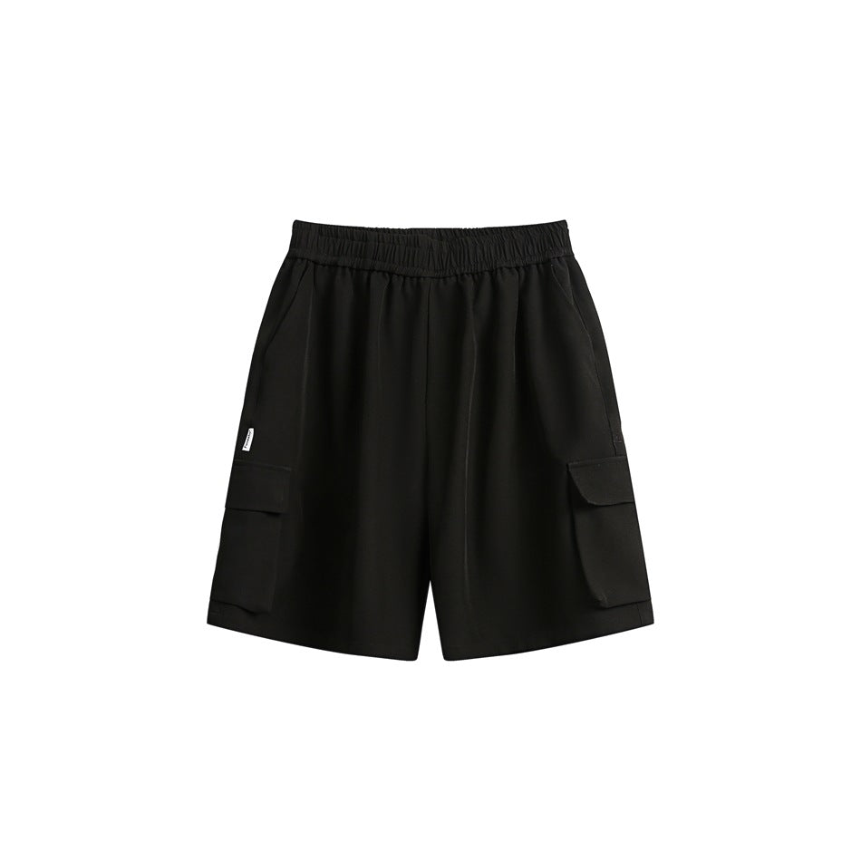 Black knee-length cargo shorts with elastic waistband and flap pockets on each leg, flat lay front view