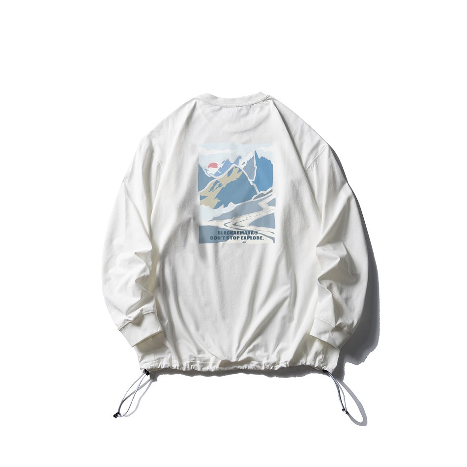 White long-sleeve crewneck pullover with an adjustable drawcord hem and a colorful mountain graphic printed on the back.