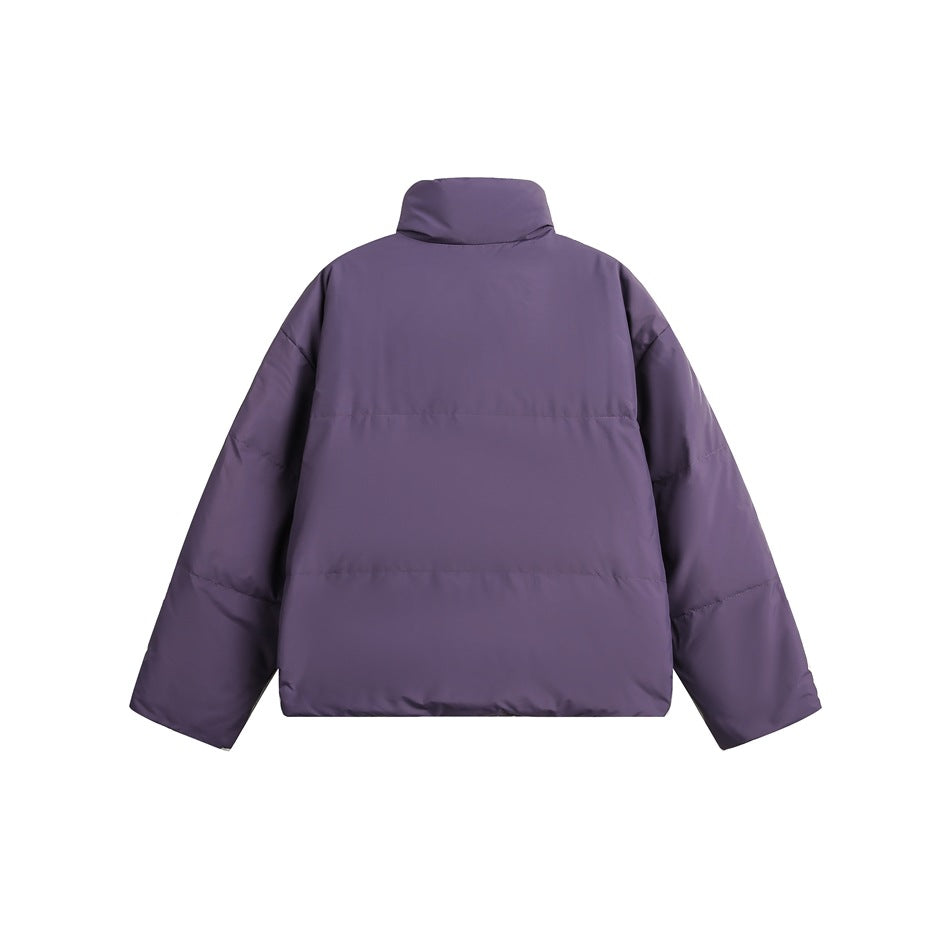 Back view of a purple padded jacket with a high collar and horizontal quilted sections.