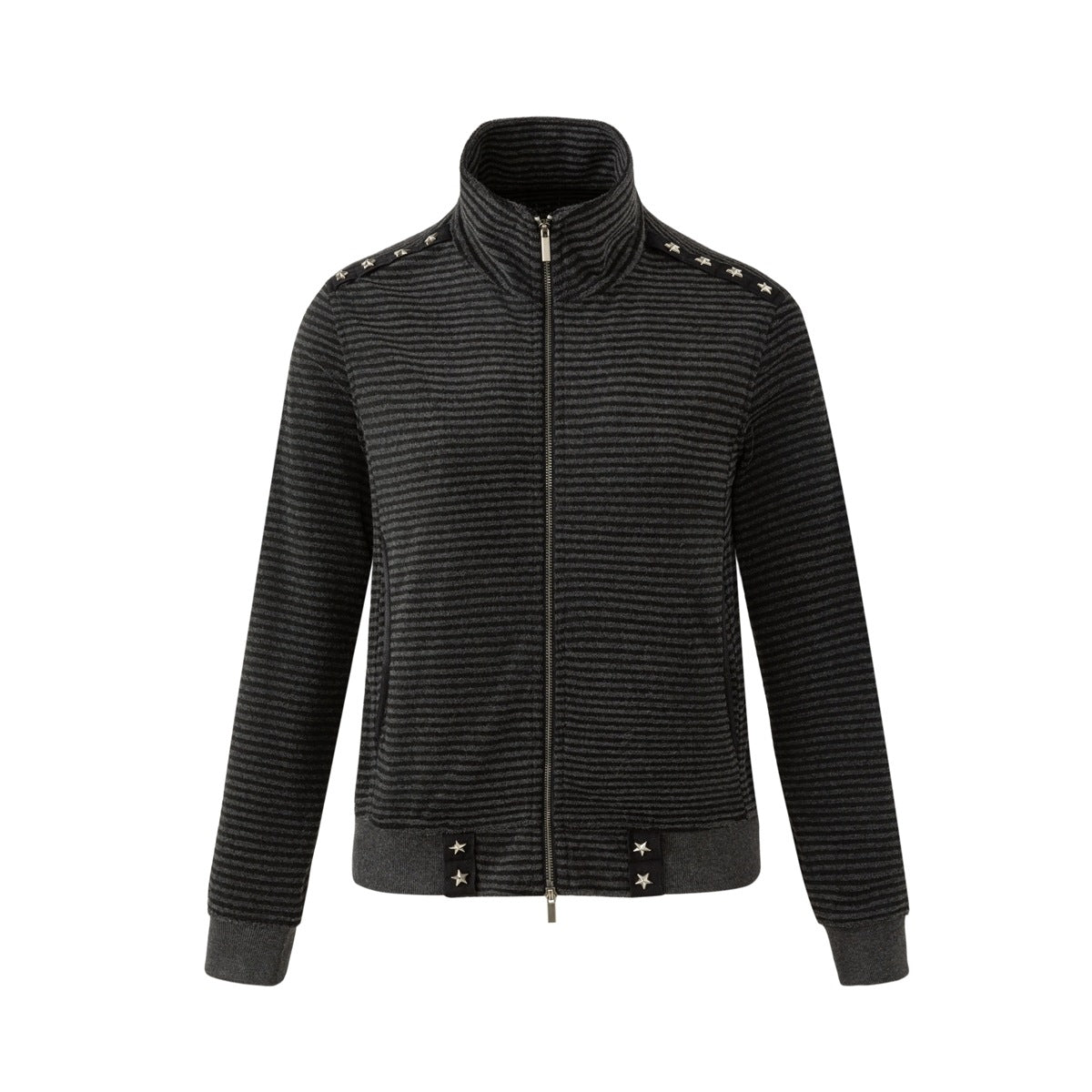 Black and charcoal striped zip-up jacket with stand collar, shoulder star studs and ribbed cuffs, front flat view