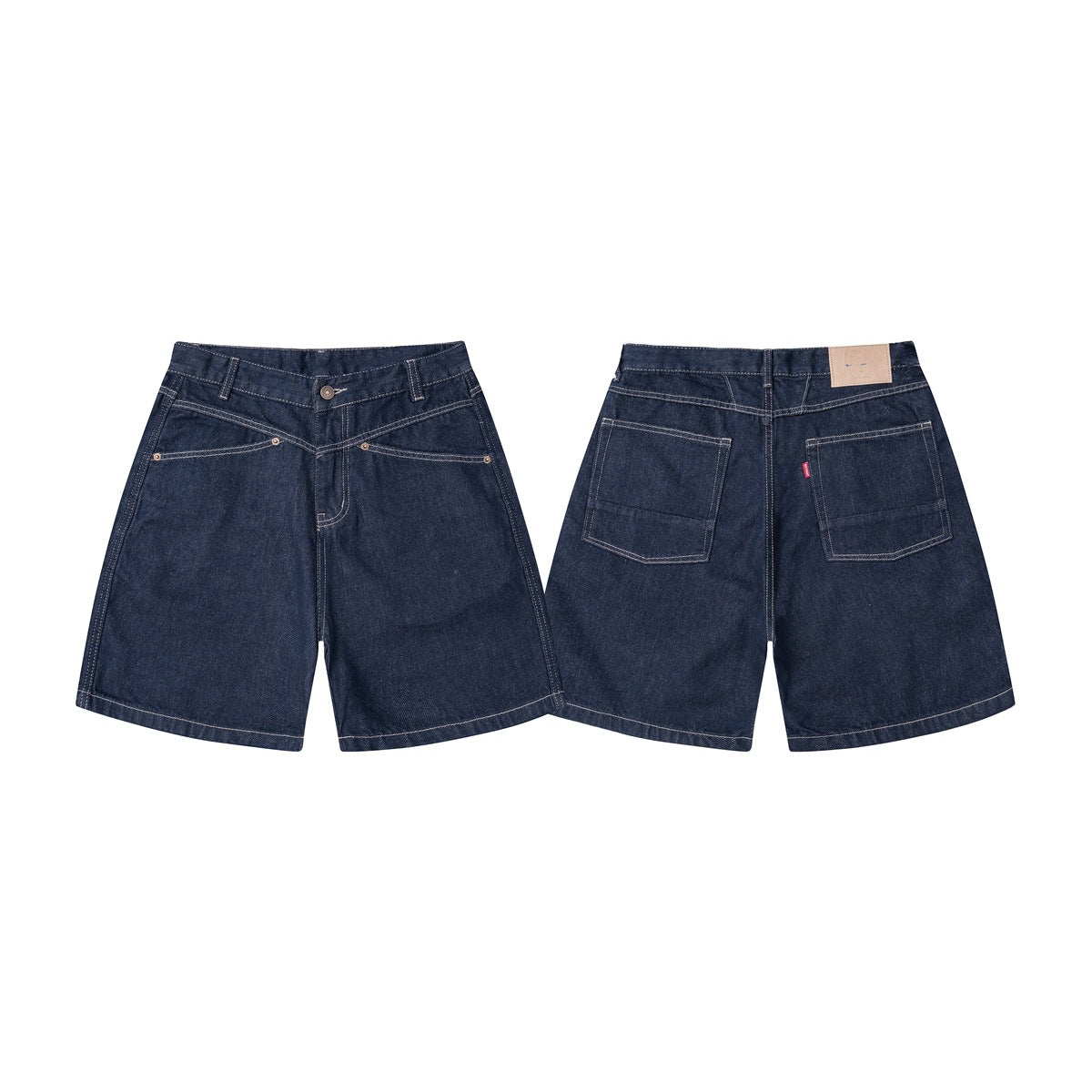 Dark indigo denim shorts shown from the front and back, with wide legs, contrast stitching, and patch pockets.