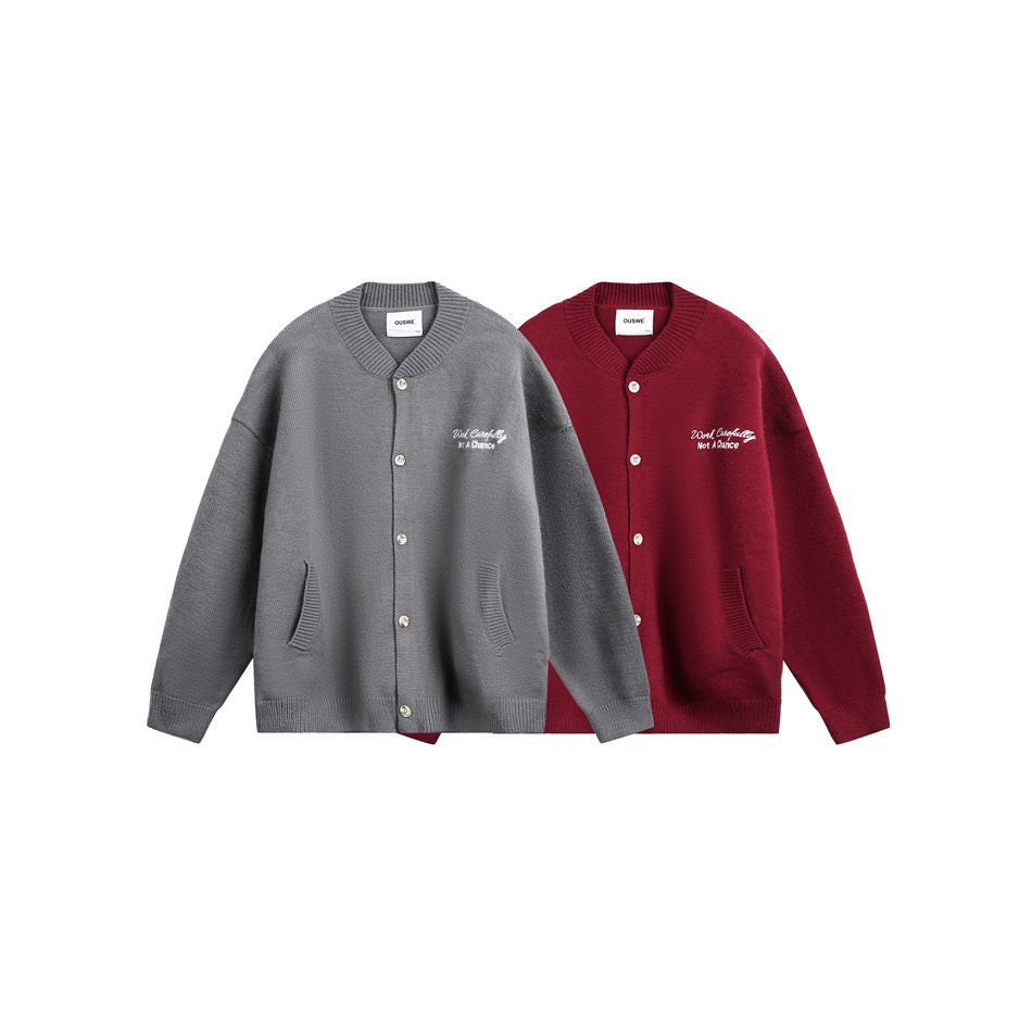 Gray and burgundy button-front cardigans displayed together, each with ribbed trim, pockets, and embroidered chest text.