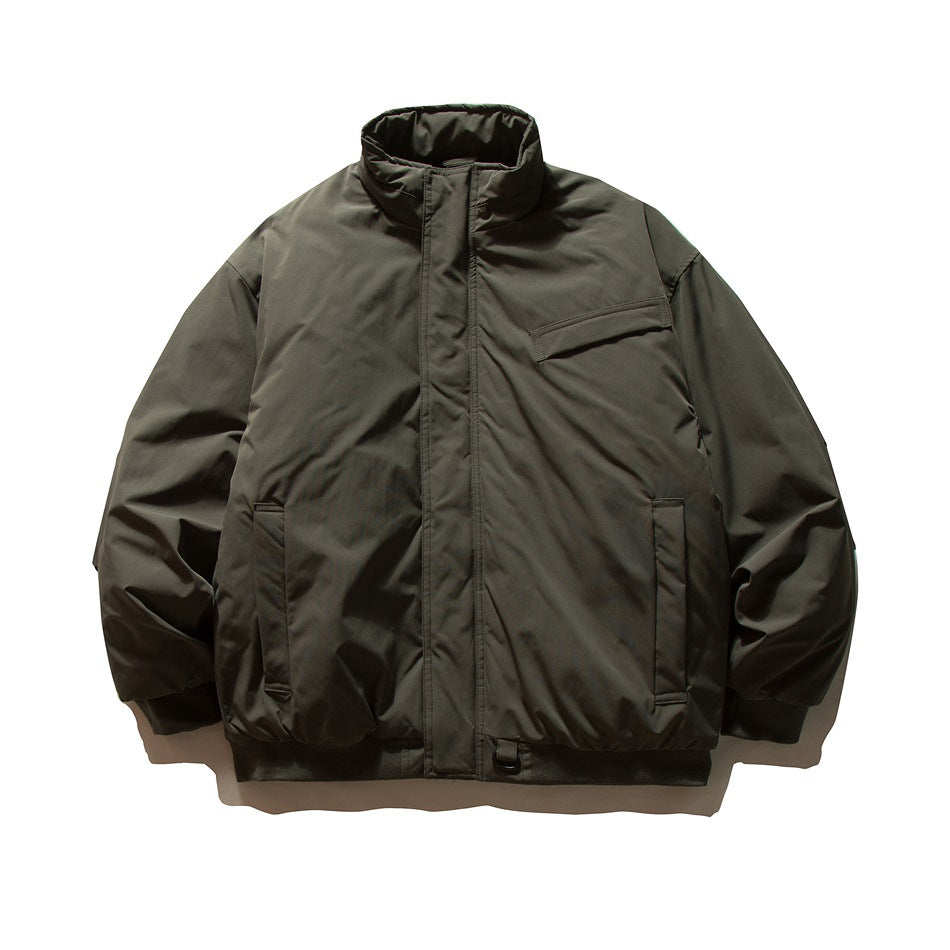 Dark gray olive-toned padded-look bomber jacket with stand collar and zip front, flat lay front view