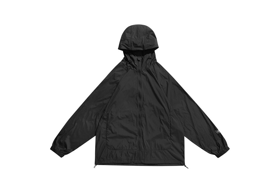 Black hooded zip-up lightweight jacket with front panel pockets and elastic cuffs, flat front view