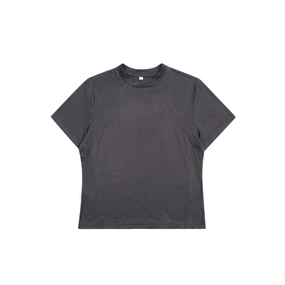 Dark charcoal short-sleeve crew-neck T-shirt with raglan seams and fine ribbed texture, flat lay