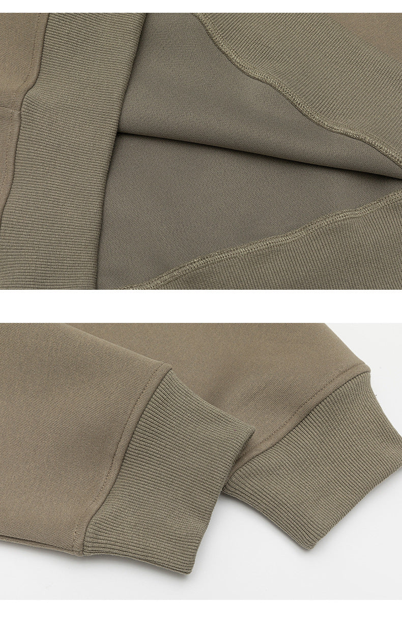 Close-ups of taupe garment stitching, inner seams, and ribbed cuffs.