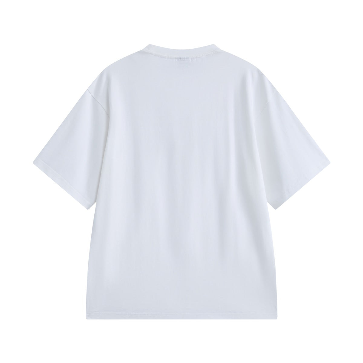 Plain white short-sleeve crew-neck T-shirt, flat back view with dropped shoulders