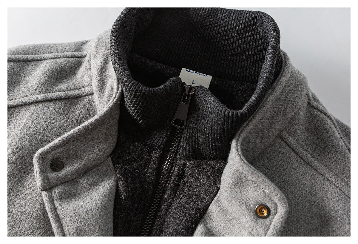 Close-up of a gray coat opening over a dark ribbed zip collar; inner label reads Made in China, size L.