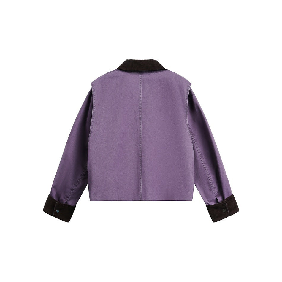 Back view of a purple jacket with dark brown collar and cuffs, long sleeves, and a center back seam.