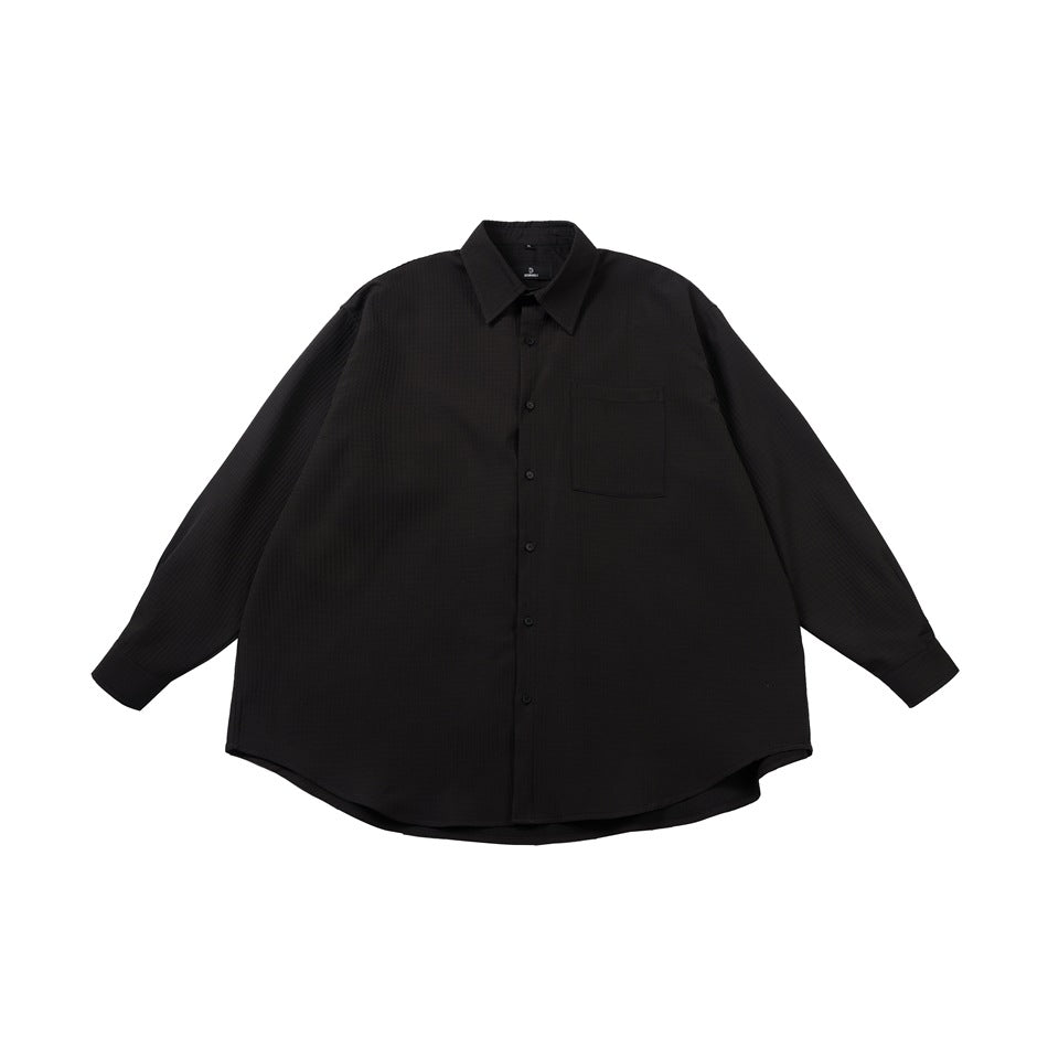 Black long-sleeve button-up shirt with chest pocket, flat front view