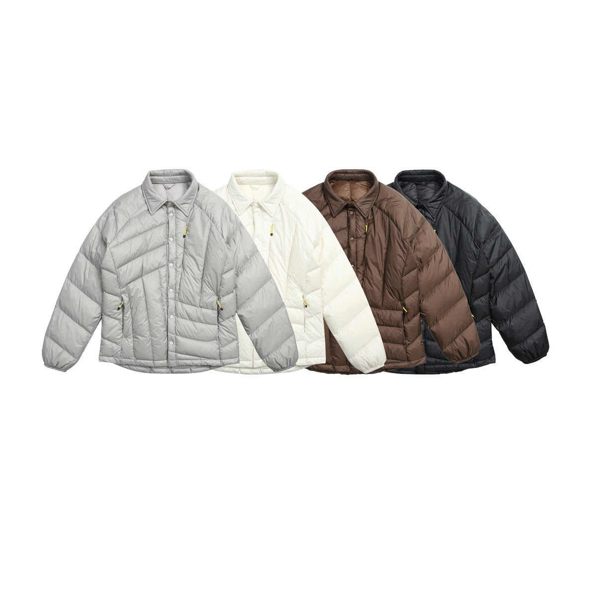 Four collared quilted jackets shown together in light gray, off-white, brown, and black.
