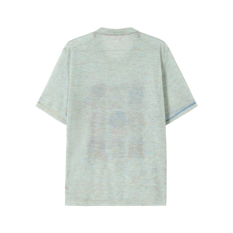 Back view of a pale mint, short-sleeve crew-neck T-shirt with subtle pastel flecks and blue sleeve-hem stitching.