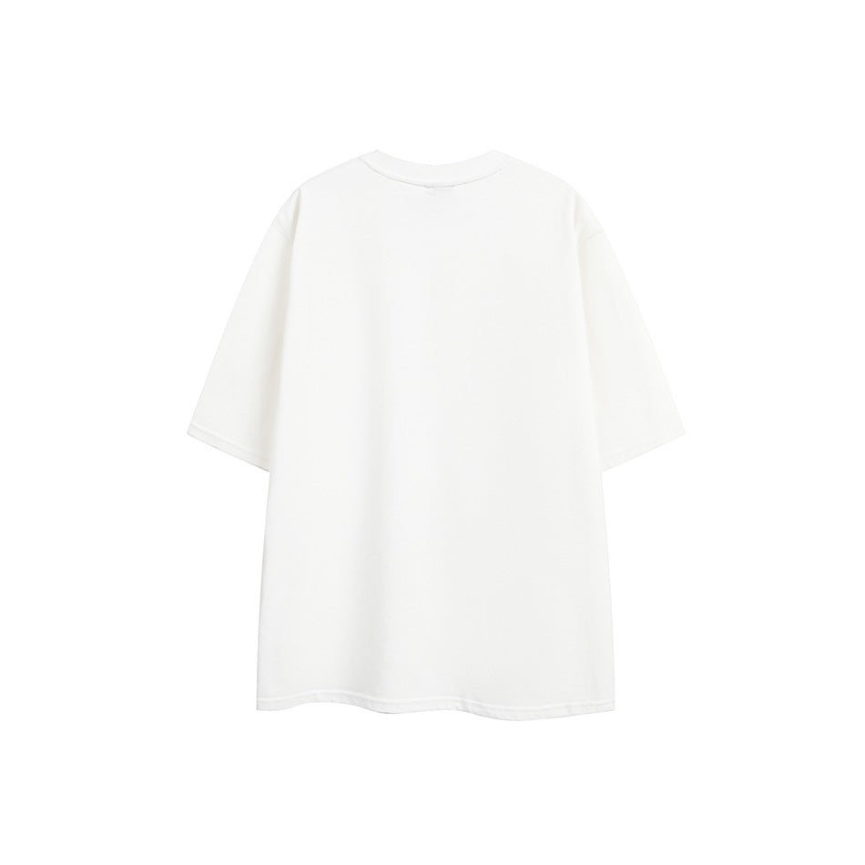 Back view of a plain white short-sleeve crewneck T-shirt.