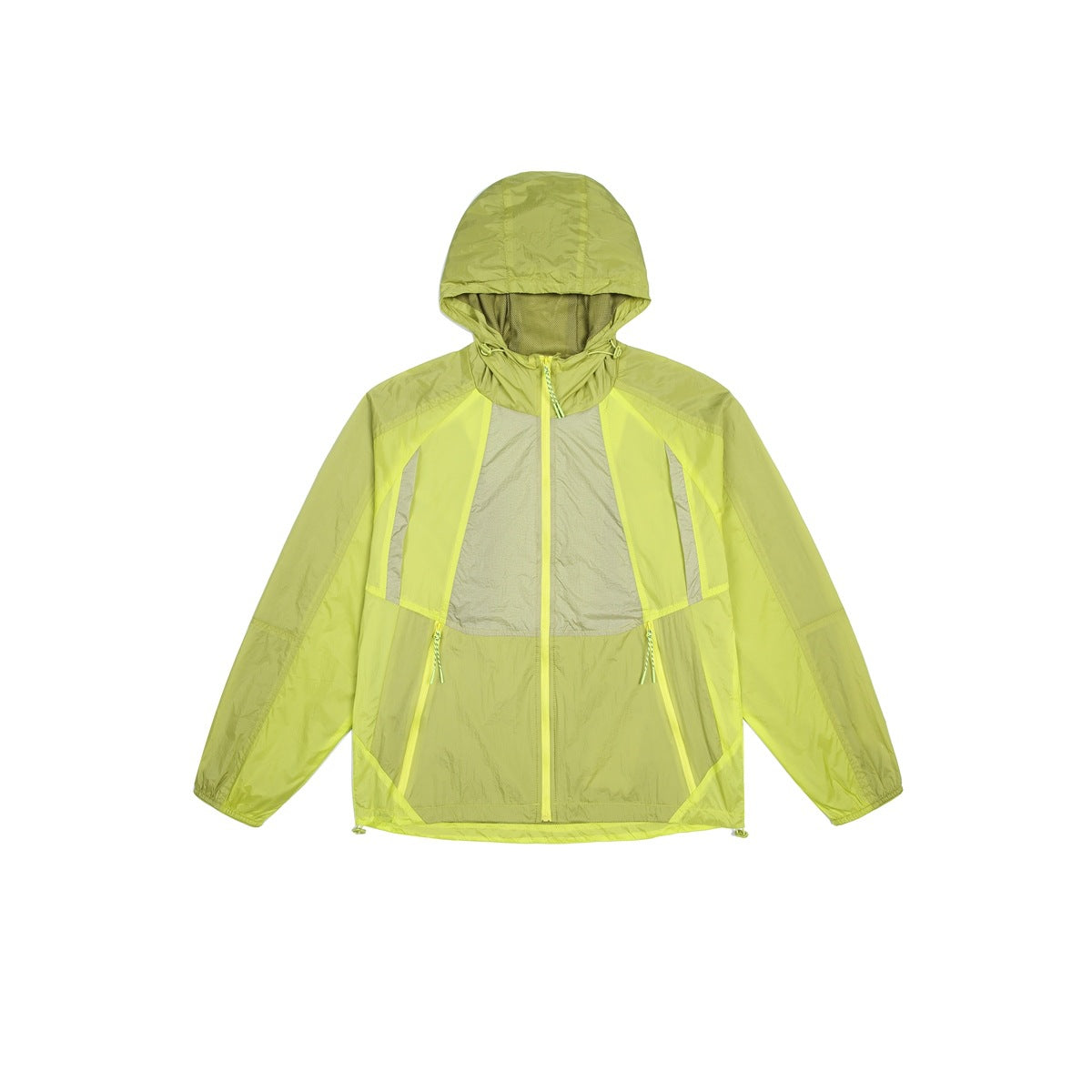 Lime yellow hooded zip jacket with olive-gray color-blocked panels and drawstring hem, flat front view