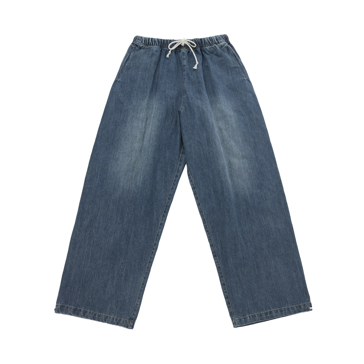 Dark blue faded wide-leg denim pants with elastic drawstring waist and side pockets, flat lay front view