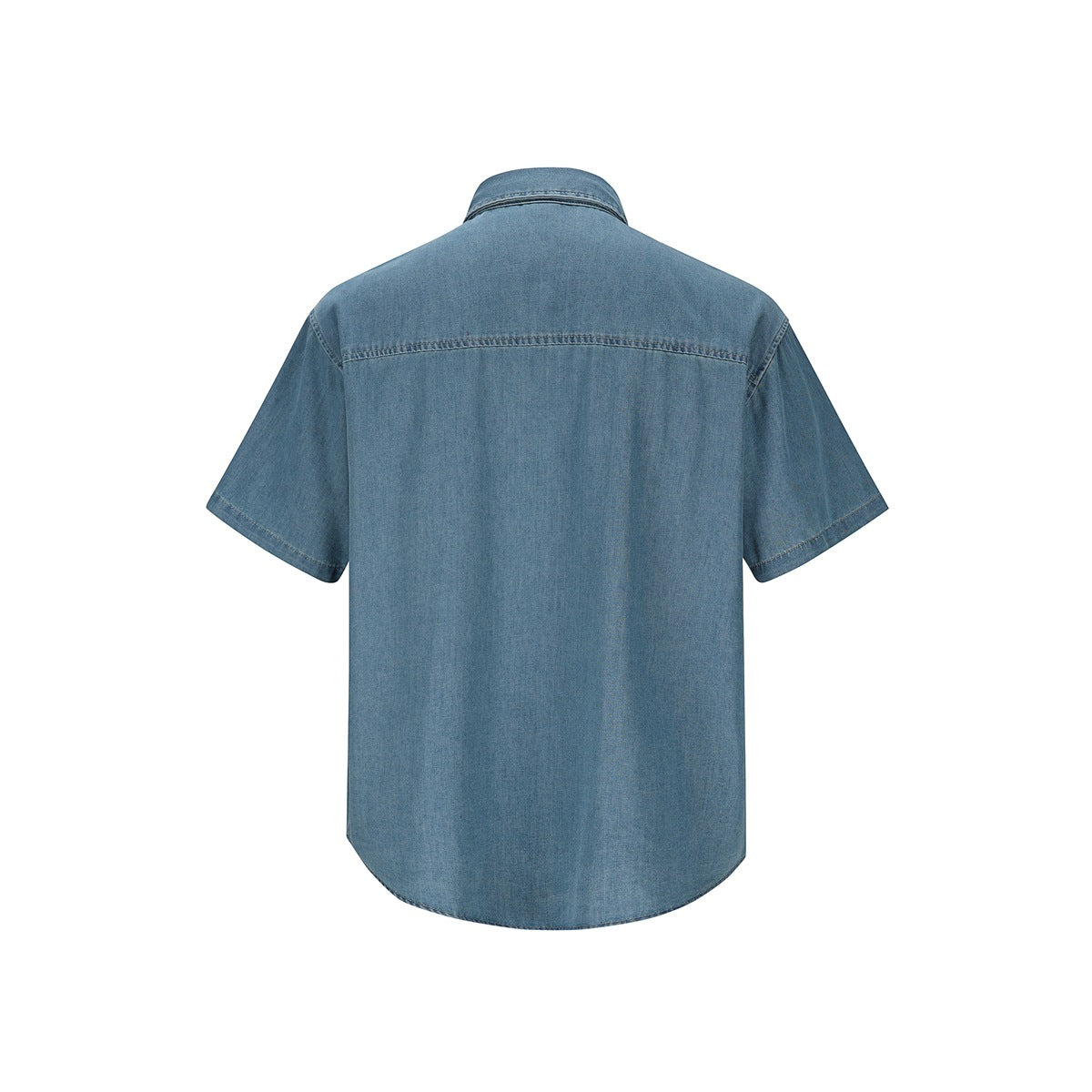 Back view of a short-sleeve blue denim button-up shirt, shown flat against a white background.
