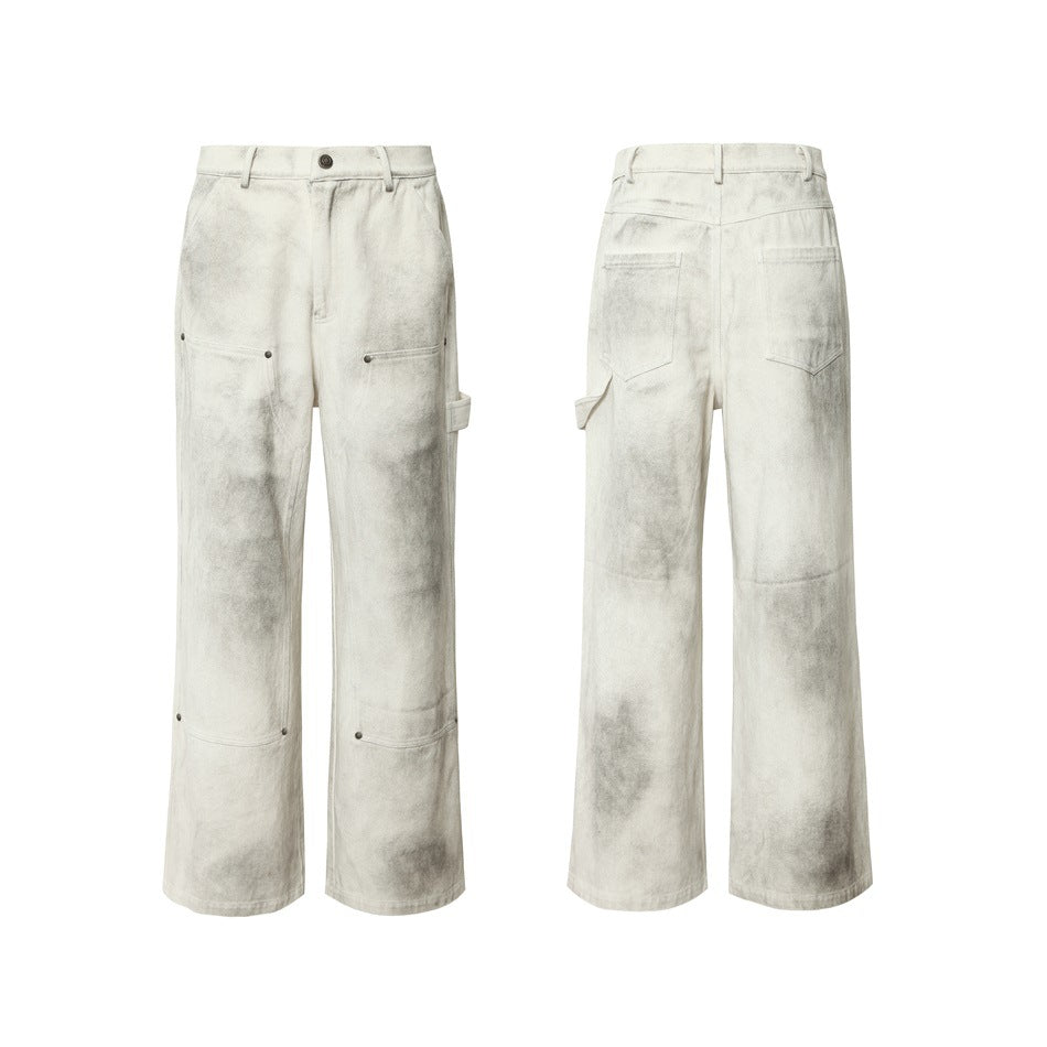 Off-white mottled wide-leg utility pants shown from the front and back, with multiple large pockets.