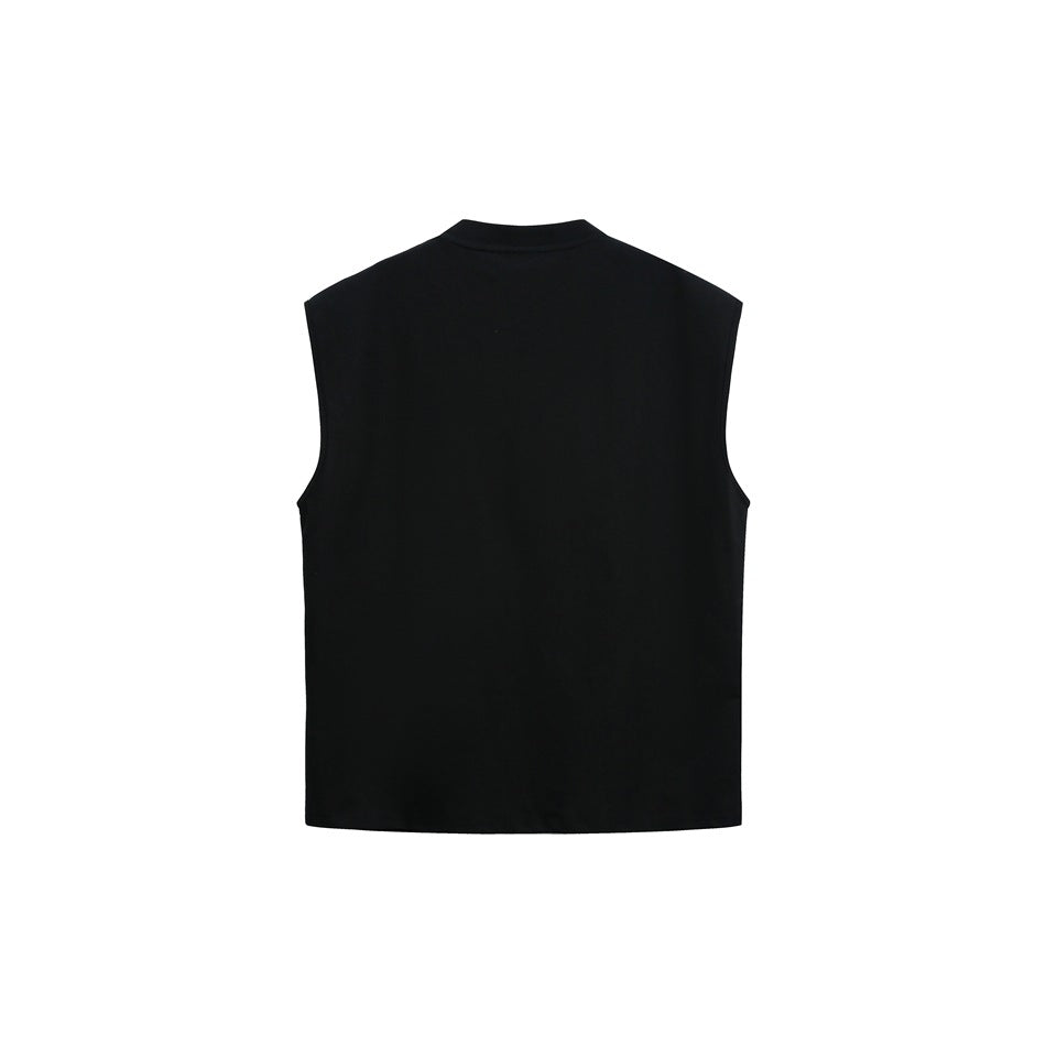 Black sleeveless top, flat back view with plain back and high round neckline
