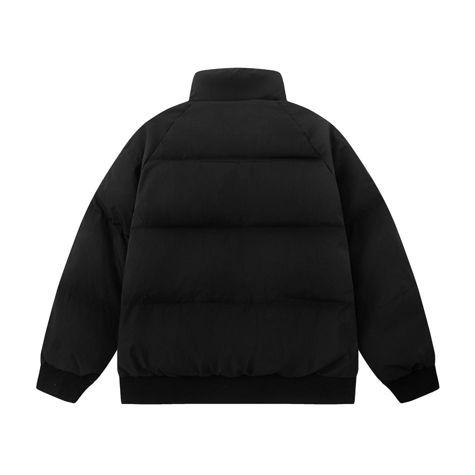Back view of a black padded jacket with a high collar, horizontal quilting, and ribbed cuffs and hem.