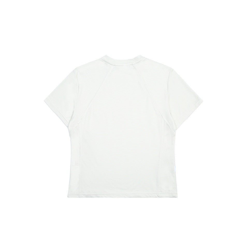 Back view of an off-white short-sleeve crew-neck shirt with fine horizontal texture and curved seam panels.