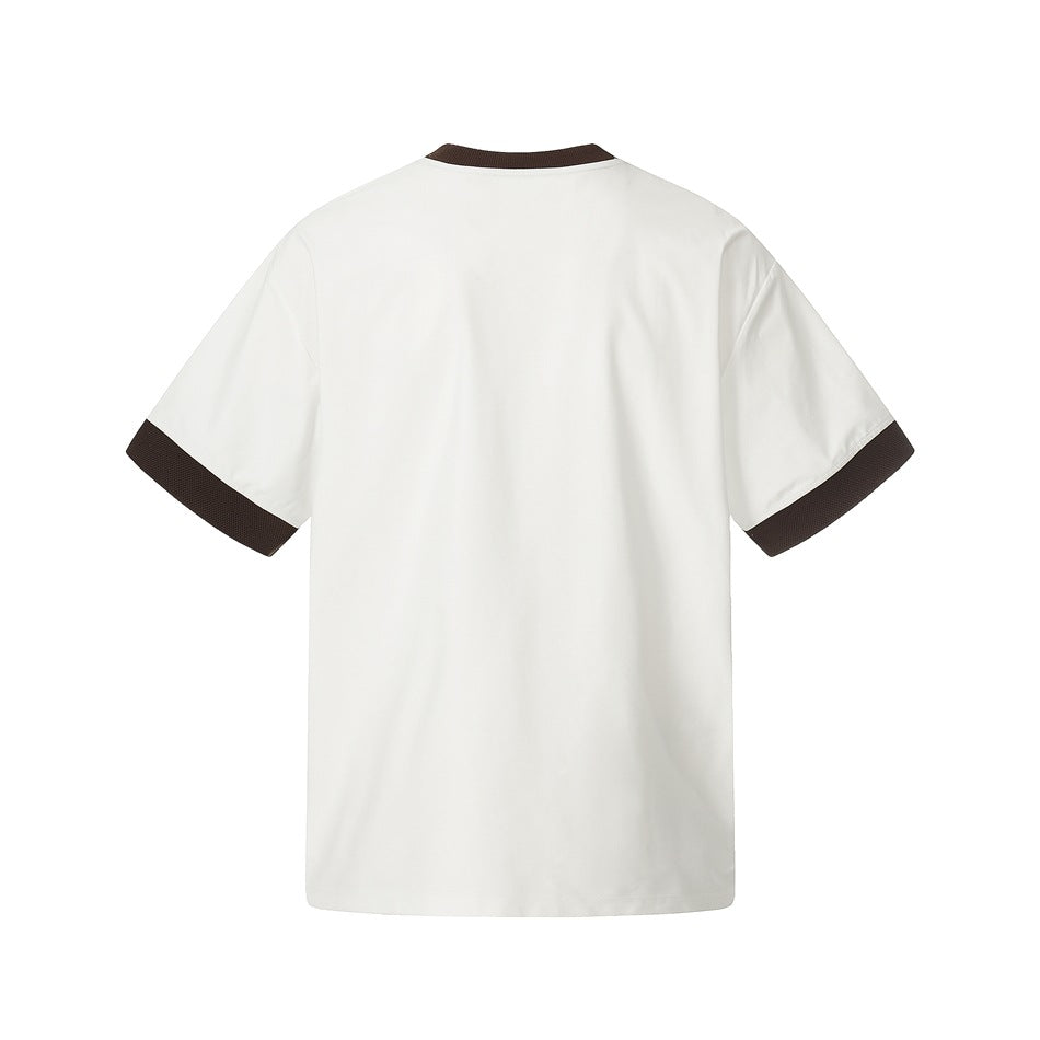 Back view of a white short-sleeve T-shirt with dark brown ribbed collar and sleeve cuffs.
