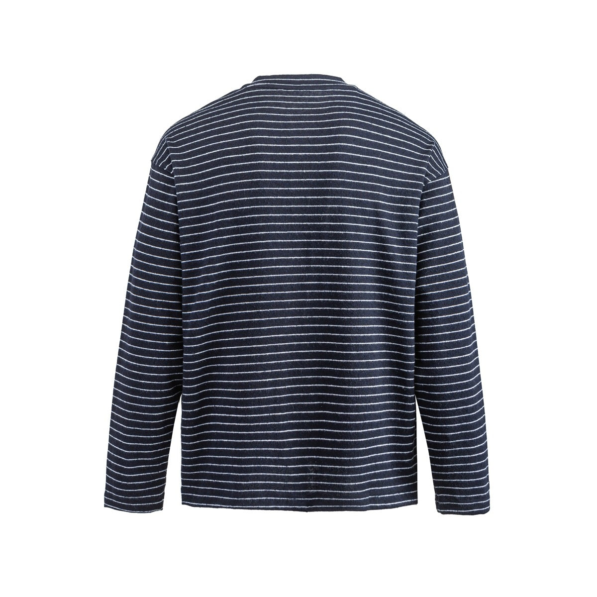 Back view of a navy long-sleeve shirt with narrow white horizontal stripes.