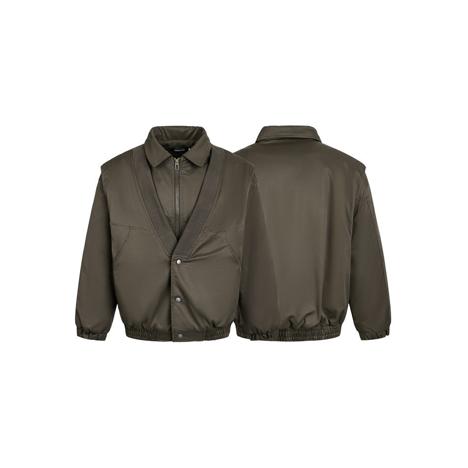 Olive jacket shown from the front and back, with a zip front, notched collar, ribbed V-shaped trim and elastic hems.